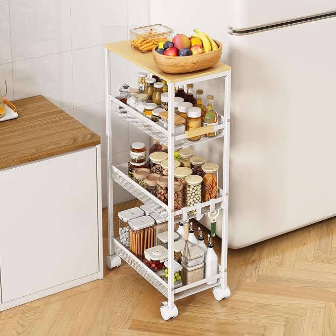 Utility Slim Storage Cart, 4 Tier Rolling Cart with Wheels, Laundry Shelves with Wood Top, Narrow Cabinet for Bathroom Organization, Small Organizer for Kitchen, Office and Dorm (White, 9.1'')