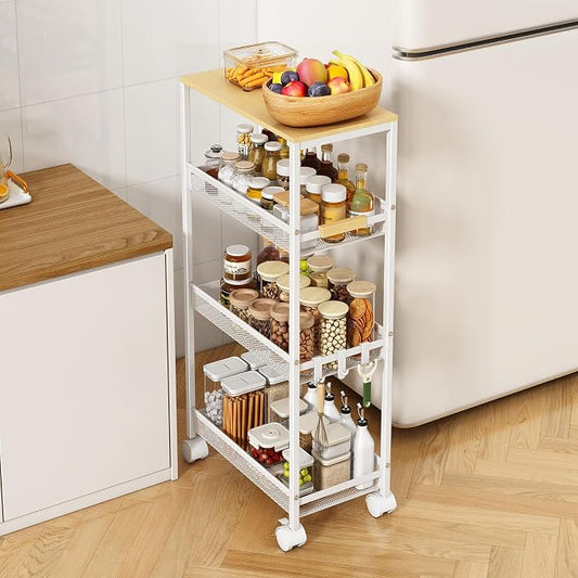 Utility Slim Storage Cart, 4 Tier Rolling Cart with Wheels, Laundry Shelves with Wood Top, Narrow Cabinet for Bathroom Organization, Small Organizer for Kitchen, Office and Dorm (White, 9.1'')