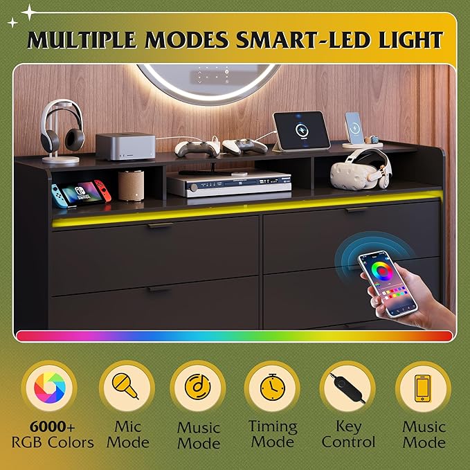WLIVE 9 Drawer Led Dresser for Bedroom, 58" Black Wood Dresser Storage Organizer with Charging Station for 65" TV, Dressers with Open Shelves, Chest of Drawers for Closet, Living Room