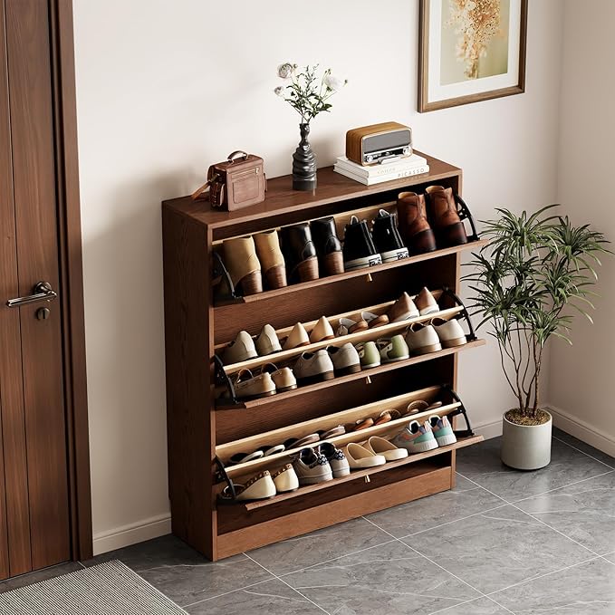 KungFuWood 31.4 W Soild Wood Shoe Storage Cabinet with 3 Flip Drawers for Entryway,Narrow Shoe Rack Cabinet with Adjustable Shelves,Morden Hidden Shoe Organizer