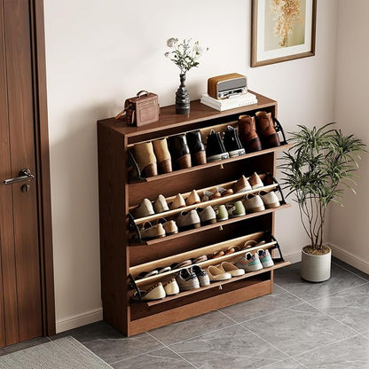 KungFuWood 31.4 W Soild Wood Shoe Storage Cabinet with 3 Flip Drawers for Entryway,Narrow Shoe Rack Cabinet with Adjustable Shelves,Morden Hidden Shoe Organizer