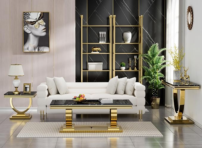 3 Piece Living Room Table Set Include 1 Faux Marble Coffee Table & 1 End Table & 1 Console Table, Modern Black Gold Coffee Table Set of 3 with Double O Shape Stainless Steel Pedestal Base