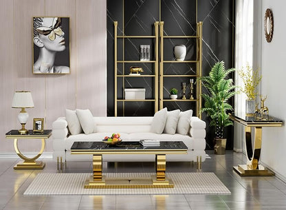 3 Piece Living Room Table Set Include 1 Faux Marble Coffee Table & 1 End Table & 1 Console Table, Modern Black Gold Coffee Table Set of 3 with Double O Shape Stainless Steel Pedestal Base