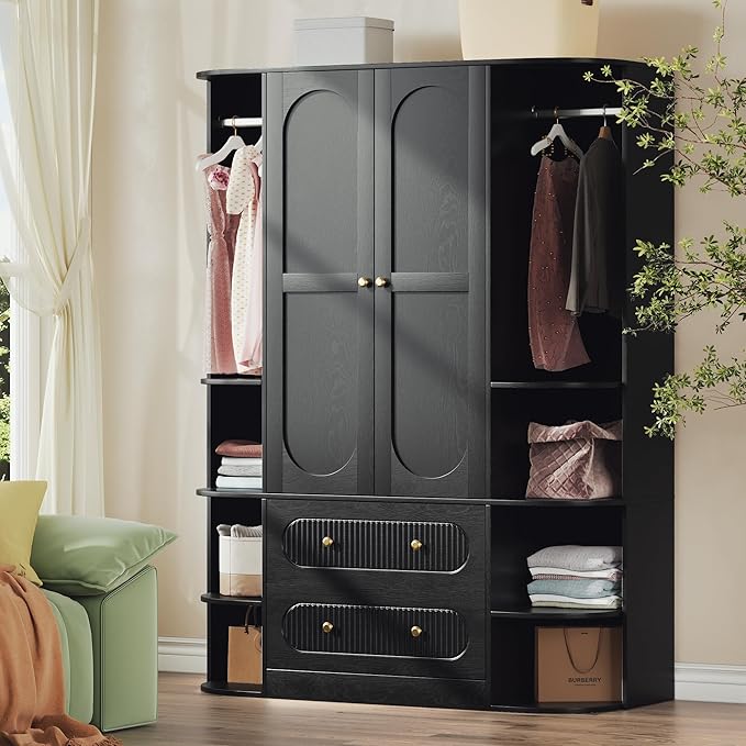69” Fluted Large Capacity Storage Wardrobe Armoire, Wardrobe Armoire Wooden Closet with 2 Doors, 3 Hanging Rod Shelves, 2 Drawers & 6 Display Shelves, Bedroom Clothing Storage Cabinet Black