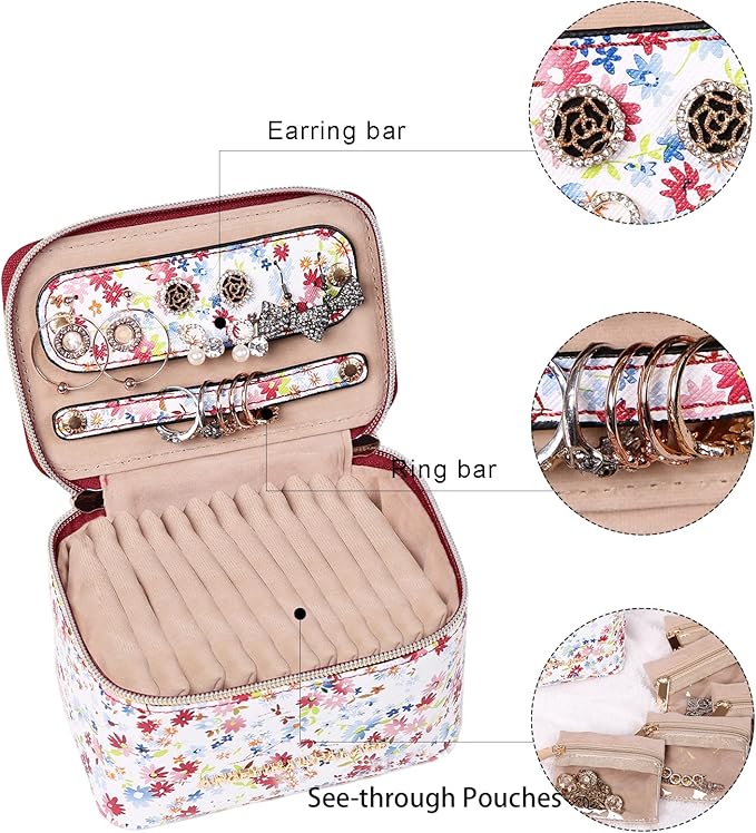 Angelina's Palace Jewelry Organizer Case Bridesmaid Gifts Travel Bag Vegan Leather Box for Necklace Earring Bracelet Ring(blossom wine)