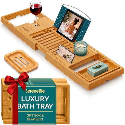 SereneLife Premium Bathtub Tray Caddy, Expandable Bath Tray, Unique House Warming Gifts, Gift for Mom, Women, New Home, Wedding, Anniversary, Bridal Shower, Universal Fit for All Tub -Natural, GiftSet
