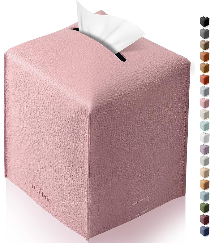 Tclouda Tissue Box Cover for PU Leather, Modern Simple Solid Color Holder Square Tissue Bag, Ideal for Bathrooms,Office,Car,Nightstand,Outdoor Tent,Dining Table,5"X5"X5", Single Pink