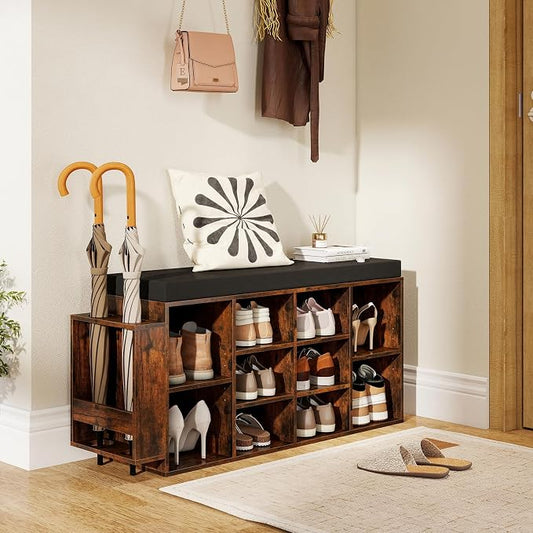 Giantex Shoe Storage Bench with Umbrella Stand, 10-Cubby Entryway Shoe Rack Organizer with Padded Seat, Adjustable & Removable Shelves for Hallway, Living Room & Bedroom (Rustic Brown)