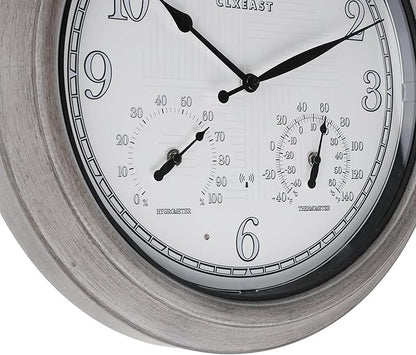 CLXEAST 18 Inch Farmhouse Illuminated Outdoor Atomic Wall Clock with Thermometer & Hygrometer Combo, Night Lighted Wall Clock with Smart Sensor, Weather Stations,Brushed Grey Oak Finish