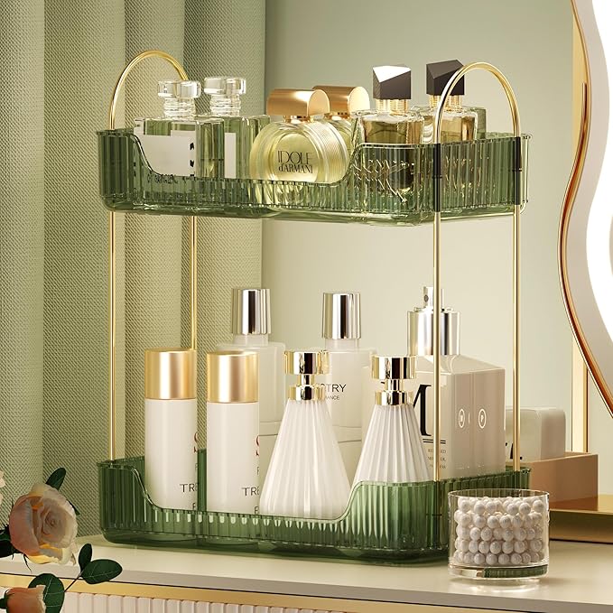 Akinbas 2 Tier Bathroom Organizer Countertop Makeup Perfume Tray Skincare Organizer for Bathroom Dresser Vanity (Green)