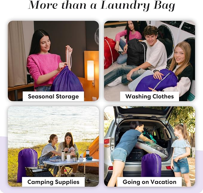 Handy Laundry Extra Large Heavy Duty Laundry Bag, 30" x 40" Nylon, Durable & Machine Washable, Locking Drawstring Closure, Fits Hamper or Basket, Travel & Dorm Room Essentials, Purple