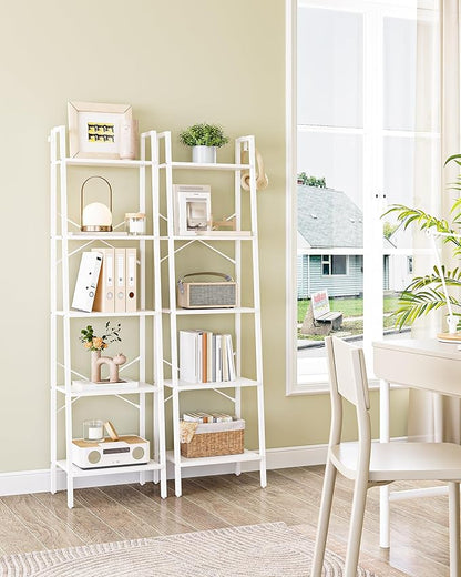 Ladder Shelf, Bookshelf Bookcase, Freestanding Corner Storage Shelve with 2 Hooks for Home Office, Living Room, Kitchen, Bedroom, Industrial, 11.8" D x 17.3" W x 63" H, White BC19213W