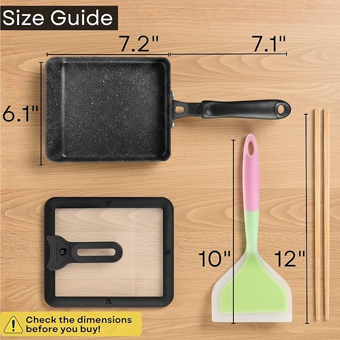 Tamagoyaki Pan - Japanese Egg Pan with Lid - Japanese Omelette Pan Rectangular - Rolled Omelet Nonstick Square Frying Pan - Tamago Cooking Pan Induction Compatible 7x6