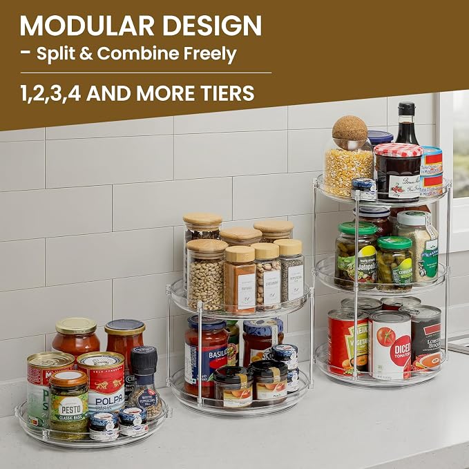 2 Tier Non-Skid Acrylic Lazy Susan Turntable Organizer - Rotating Spice Rack - Spinning Organization Tray for Kitchen, Pantry, Countertop, Closet, Bathroom, Vanity, Medicine Cabinet Organizing, 12''
