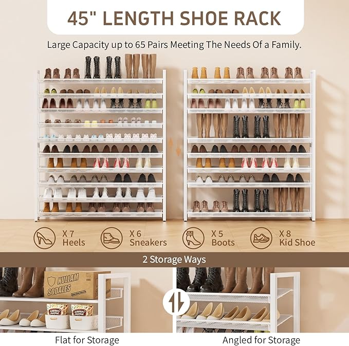 Metal Shoe Rack,Large 10 Tier Shoe Organizer, Heavy Duty Metal Stackable Shoe Storage Vertical Shoe Rack for Closet Front Door Entrance,Entryway,GarageUp to 62 Pairs,White
