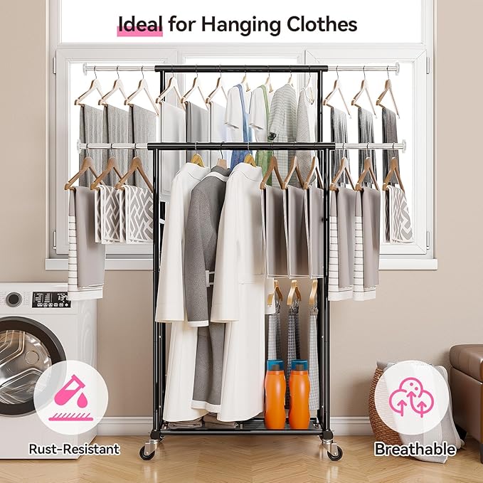 SUFAUY Double Rod 80" Tall Rolling Clothing Garment Rack for Hanging Dresses Clothes, with Caseter Wheels & Adjustable Rod & Shelves, Black