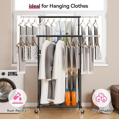 SUFAUY Double Rod 80" Tall Rolling Clothing Garment Rack for Hanging Dresses Clothes, with Caseter Wheels & Adjustable Rod & Shelves, Black