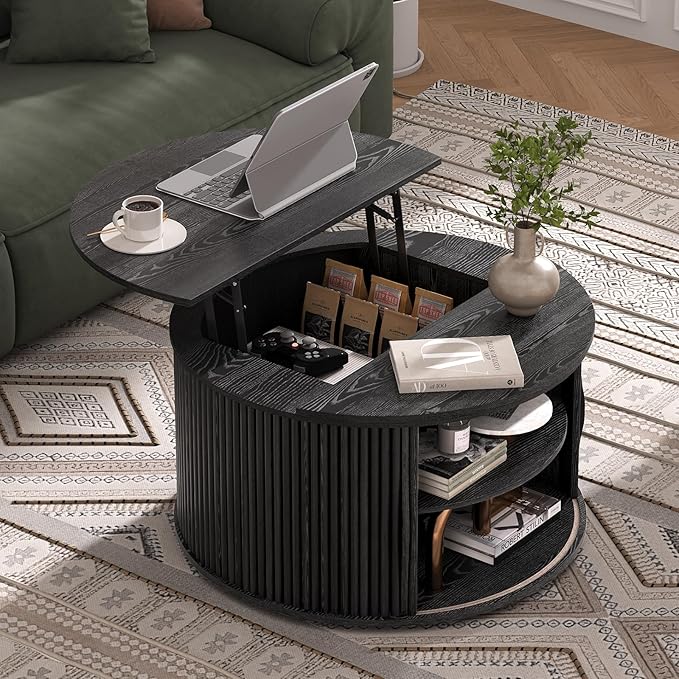 SULIVES Round Coffee Table with Lifting Top, Multifunctional Drum Coffee Table with Sliding Door, Small Fluted Center Table for Living Room, Black