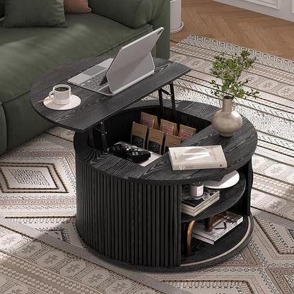 SULIVES Round Coffee Table with Lifting Top, Multifunctional Drum Coffee Table with Sliding Door, Small Fluted Center Table for Living Room, Black