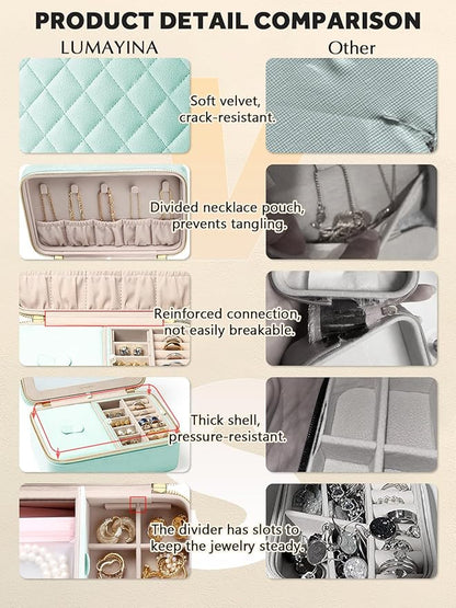 Velvet Travel Jewelry Box with Large Mirror, Double-Layer Jewelry Organizer Case for Women and Girls, Portable Storage Case with 6 Anti-Tarnish Bags Gift Ready for Her (Mint Green)