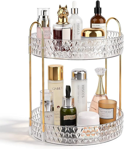 Rotating Makeup Organizer for Vanity, 2 Tier Perfume Skincare Storage for Women, Bathroom Counter Organizer, 360° Spinning Cosmetic Holder for Dresser Countertop, Clear