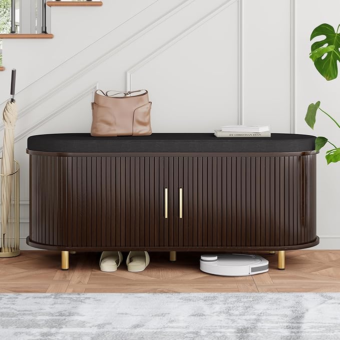 DHH 2-Tier Storage Bench, 43.3" Wide Shoe Bench with Thickened Padded Seat Cushion, Mid Century Modern Fluted Sliding Door and Adjustable Shelf, for Entryway, Living Room, Bedroom(Dark Walnut)