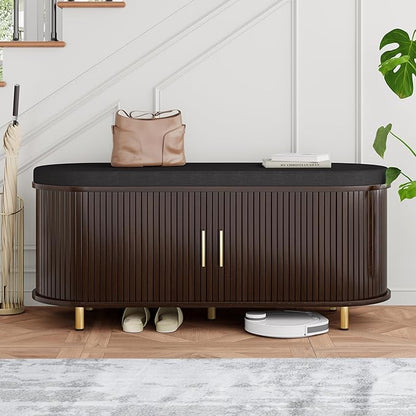 DHH 2-Tier Storage Bench, 43.3" Wide Shoe Bench with Thickened Padded Seat Cushion, Mid Century Modern Fluted Sliding Door and Adjustable Shelf, for Entryway, Living Room, Bedroom(Dark Walnut)