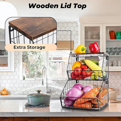 2 Tier Stackable Wall Mounted Hanging Basket, Fruit Basket for Kitchen Counter, Storage Bin with Wood Lid, Onion Storage, Fruit and Vegetable Storage, Countertop Organizer