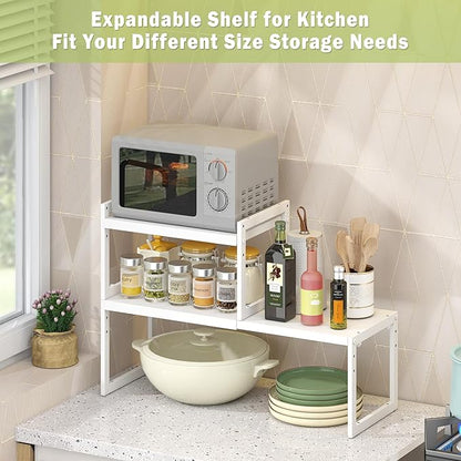 DOLALIKE Expandable Kitchen Countertop Organizer, Stackable Cabinet Shelf Organizers, Space Saving Spice Rack Pantry Storage for Bathroom Office Organization (White, 2 Tier)