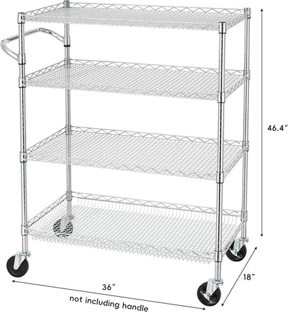 Finnhomy 4 Tier Heavy Duty Commercial Grade Rolling Cart with Handle Bar, Metal Wire Utility Cart with Wheels, Kitchen Service Trolley on Wheels, Shelf Size 18" D x 36" W, NSF, Chrome