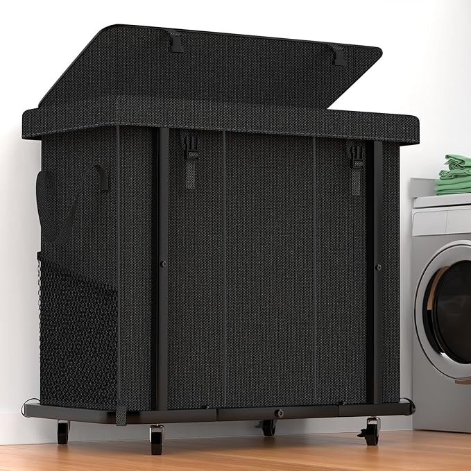 60 Gal(230L) Laundry Basket with Lid, Rolling Laundry Hamper with Wheels, Dirty Clothes Hamper with Metal Frame and Removable Bag Design, Suitable for Laundry Room, Bedroom (Black, 3 Section 230L)
