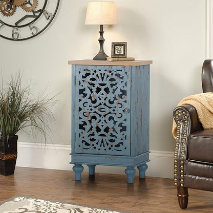 Sophia & William Small Accent Cabinet with Single Door, 31.5" Tall Side End Table, Distressed Nightstand with Hollow Carved Door, Blue