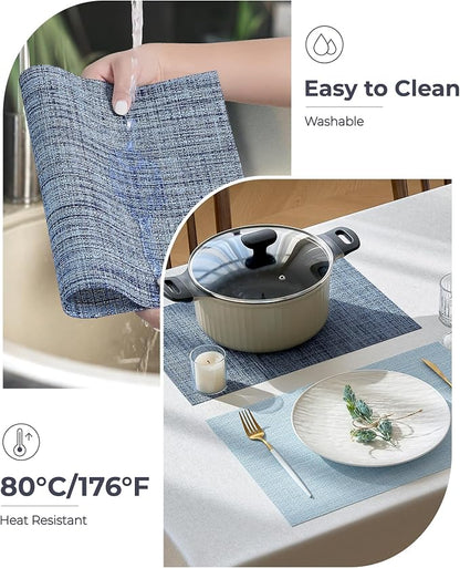 Leetaltree Deep Navy Woven Placemats Set of 6 - Heat Resistant Non-Slip Place mats for Dining Table, Washable Durable PVC Vinyl Woven Table Mats(Deep Navy, 6)
