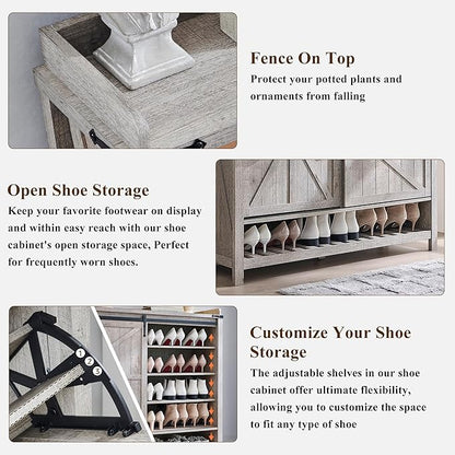 OKD Shoe Storage Cabinet with 2 Flip Drawers & Sliding Door, Farmhouse Entryway Shoe Organizer, Freestanding Rustic Hidden Shoe Rack Cabinet for Entryway, Light Rustic Oak