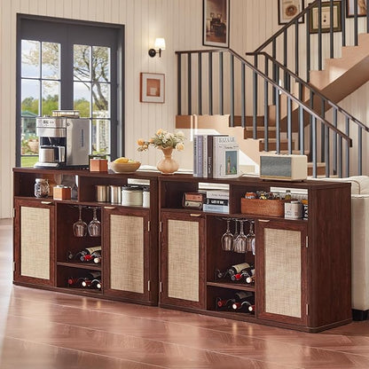 Lerliuo Rattan Wine Cabinet with 2 Doors, Boho Liquor Cabinet with Wine Racks, Farmhouse Coffee Bar Station for Living Room, Dining Room, Kitchen, Walnut