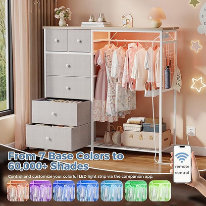 OLIXIS 6 Storage for Bedroom with Hanging Rack with LED Lights & Charging Station, Fabric Chest of Storage with Rack, Wooden Top, for Home Living Room Entryway Light Grey