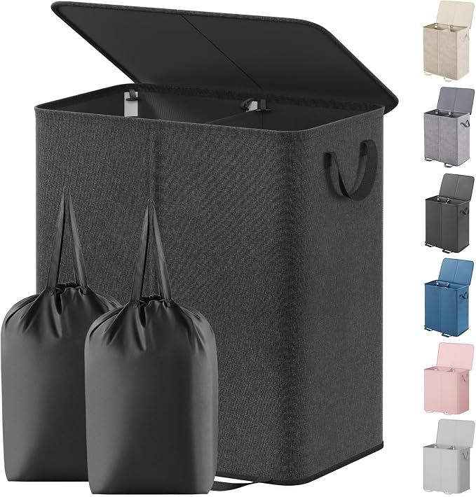 Lifewit Double Laundry Hamper with Lid and Removable Laundry Bags, Large Collapsible 2 Dividers Dirty Clothes Basket with Handles for Bedroom Laundry Room Closet Bathroom College, 155L Black