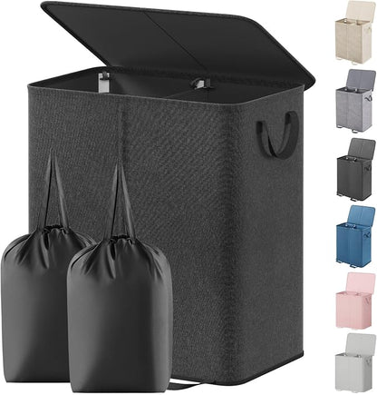 Lifewit Double Laundry Hamper with Lid and Removable Laundry Bags, Large Collapsible 2 Dividers Dirty Clothes Basket with Handles for Bedroom Laundry Room Closet Bathroom College, 155L Black