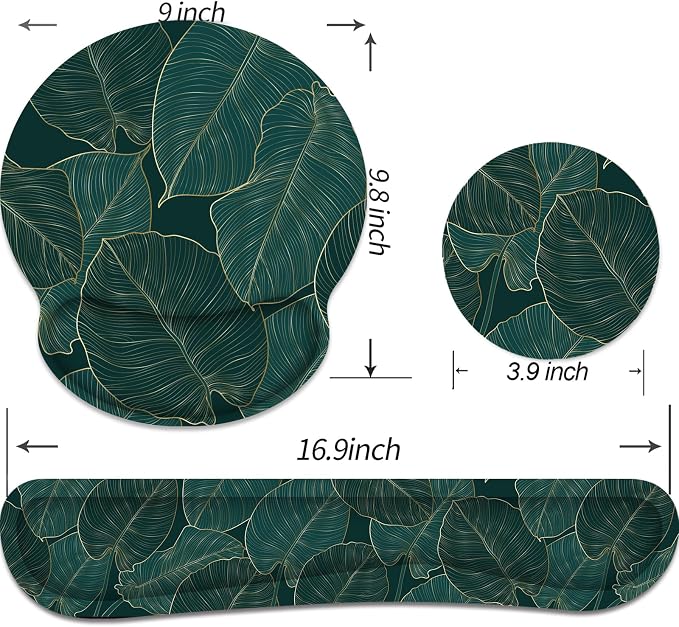 Ergonomic Mouse Pad with Wrist Rest and Keyboard Wrist Rest, Mousepad and Wrist Rest for Computer Keyboard, Pain Relief, Non-Slip Base, Mouse Pad Wrist Support for Gaming, Office, Green Palm Leaf