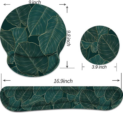 Ergonomic Mouse Pad with Wrist Rest and Keyboard Wrist Rest, Mousepad and Wrist Rest for Computer Keyboard, Pain Relief, Non-Slip Base, Mouse Pad Wrist Support for Gaming, Office, Green Palm Leaf