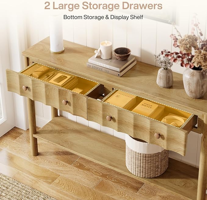 Tribesigns Console Table with 2 Drawers, 55-Inch Fluted Entryway Table, Modern Narrow Sofa Table with Open Shelf, Accent Console Furniture for Living Room, Hallway, Foyer, Light Oak
