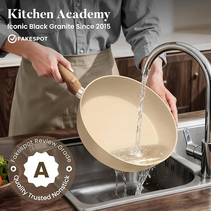Kitchen Academy 12-Piece Induction Cookware Set, Nonstick Granite Pots and Pans in Beige