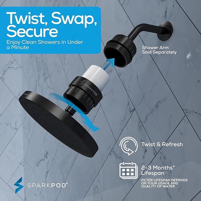 SparkPod 23-Stage Filtered Shower Head, 8" Round, Black Matte | Filtered Shower Head for Hard Water Filter, High Pressure, Reduces Chlorine, Heavy Metals, For Dry Skin & Hair