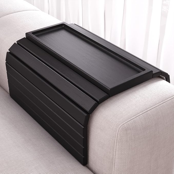 Sofa Arm Tray,Bamboo Folding Couch Arm Tray,Sofa Armrest Trays with Anti-Slip Pad for Drinks,Snacks,Phone,Remote Control（Black）