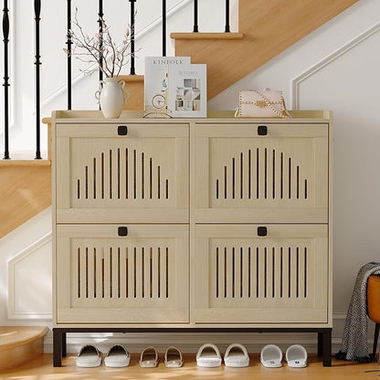 Garvee 4 Flip Drawer Shoe Cabinet with Adjustable Shelves, Hidden Shoe Organizer with Large Capacity, Freestanding Wooden Shoe Rack for Entryway, Hallway, Living Room, Natural
