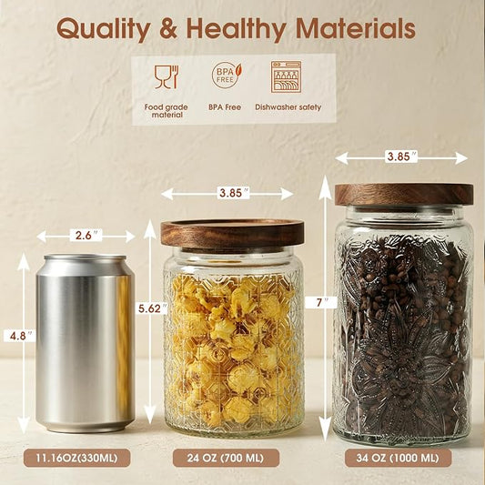 24 OZ Airtight Glass Storage Jar with Bamboo Lid - Vintage Glass Jar Vintage Food Containers Canisters Set for Kitchen Counter & Pantry - Ideal for Sugar, Flour, Coffee, Tea, Candy, Oats -3 Pack