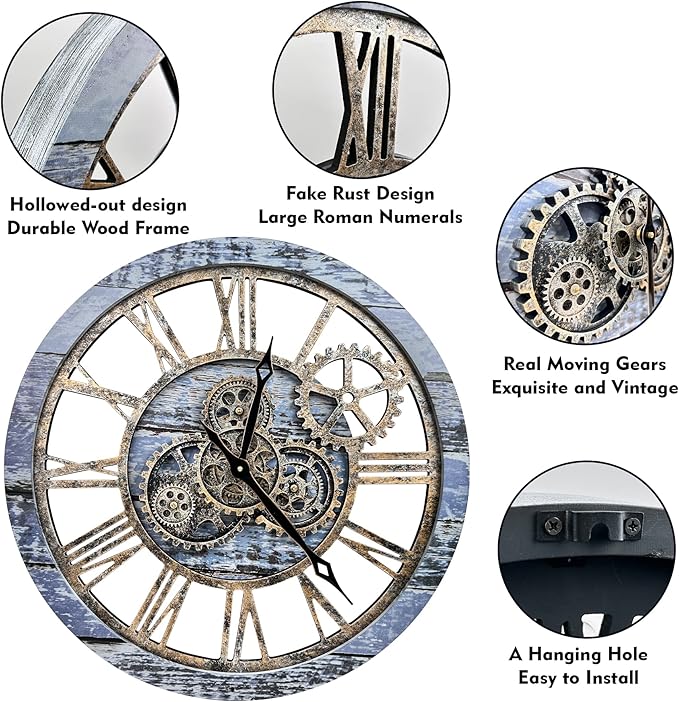 The B-Style Large Wall Clock 24 inch Moving Gear Wall Clock Oversized Vintage Farmhouse Wall Clocks for Living Room Decor Rustic Industrial Wood Clock (Aqua Green)