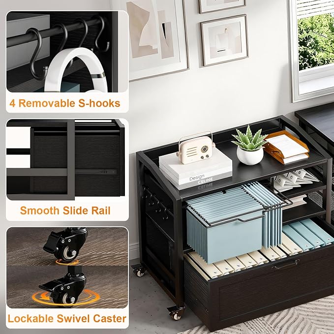 LVB Wood Lateral File Cabinet with Drawers, Rolling Filing Cabinet Under Desk for Home Office, Printer Stand with Storage Shelf, Hanging File Organizer for Legal/Letter Size, Black Oak, 33Inch