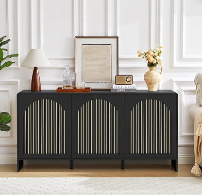 59" Sideboard Buffet Cabinet with Storage, Wood Arched TV Console Storage Cabinet with 3 Doors and Adjustable Shelf, Large Curved Accent Cabinet for Living Room Hallway Kitchen Dining Room, Black