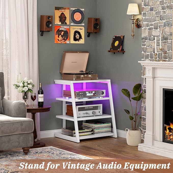 Armocity 4-Tier AV Media Stand with Power Strips, Stereo Stand with LED Lights, Audio Tower Rack with Adjustable Shelves, Small Entertainment Center, 30'', White